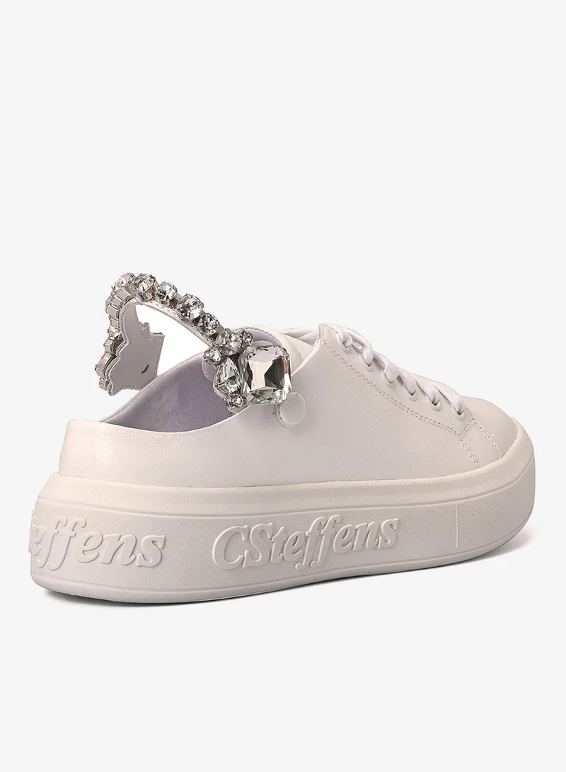 Carmen Steffens White Leather Sneakers with Crystal Detailing